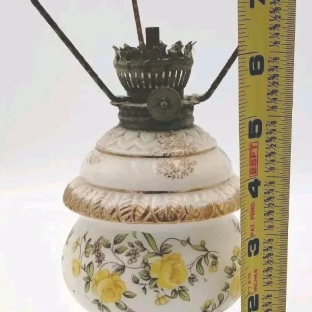 Vintage Oil Lamp Hand Painted Floral Yellow And Gold. No Shade.